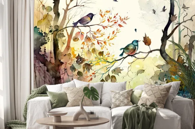 Naklejka: Akwarelowe ptaki w jesiennym lesie