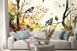 Naklejka: Akwarelowe ptaki w jesiennym lesie