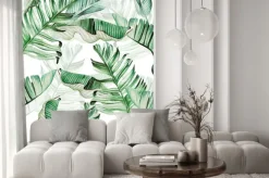 Naklejka: Akwarelowe zielone liście bananowca na białym tle