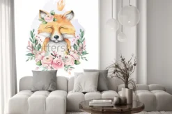 Naklejka: Akwarelowy lisek z koroną i kwiatami dla dzieci