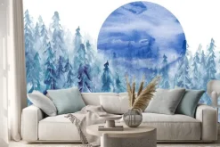 Naklejka: Akwarelowy niebieski las z drzewami iglastymi i księżycem