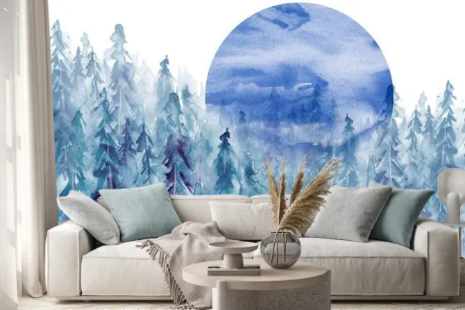 Naklejka: Akwarelowy niebieski las z drzewami iglastymi i księżycem
