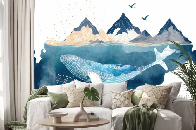Naklejka: Akwarelowy pejzaż z wielorybem i górami