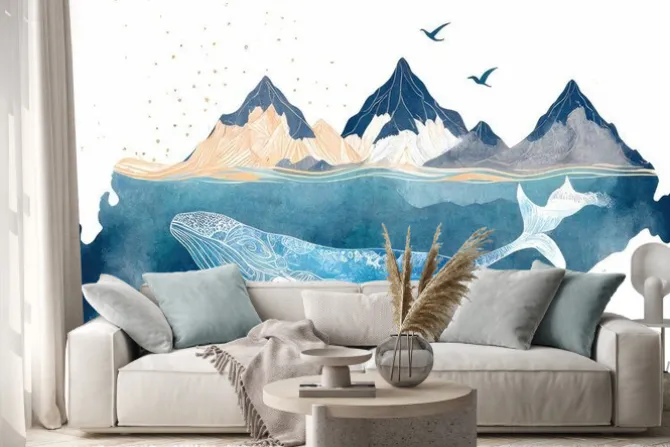 Naklejka: Akwarelowy pejzaż z wielorybem i górami