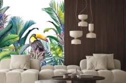 Naklejka: Akwarelowy tukan wśród gęstwiny tropikalnych liści