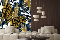 Naklejka: Akwarelowy wzór z tropikalnych liści: palmy, monstera, marakuja.