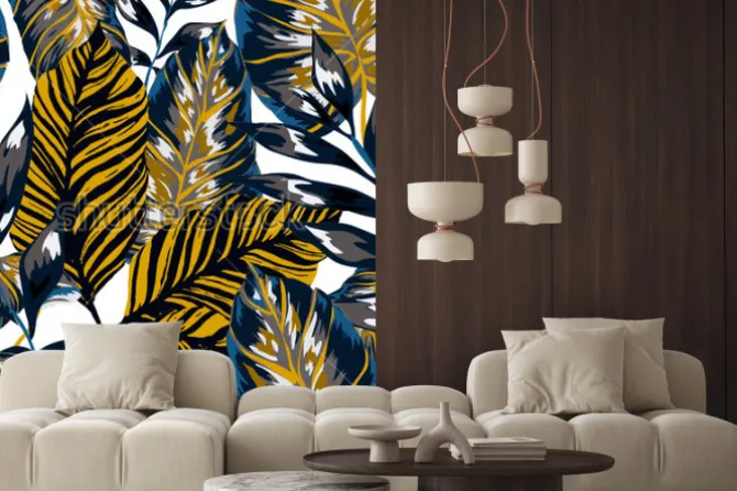 Naklejka: Akwarelowy wzór z tropikalnych liści: palmy, monstera, marakuja.