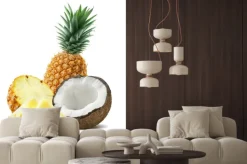 Naklejka: Ananas kawałki kokosa kompozycja 4 wyizolowanych na białym backgro