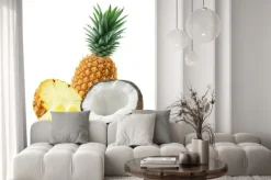 Naklejka: Ananas kawałki kokosa kompozycja 4 wyizolowanych na białym backgro