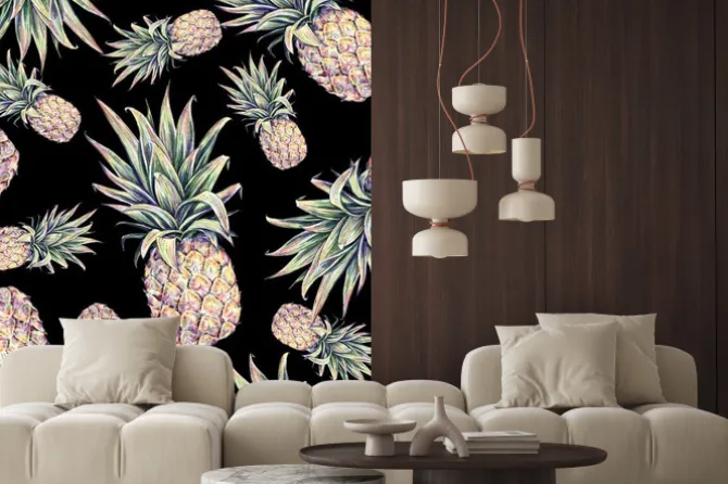 Naklejka: Ananasy na czarnym tle. akwarela kolorowych ilustracji. owoc