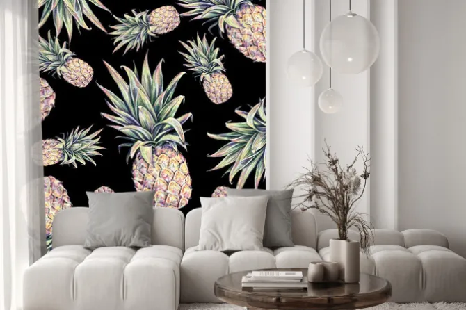 Naklejka: Ananasy na czarnym tle. akwarela kolorowych ilustracji. owoc