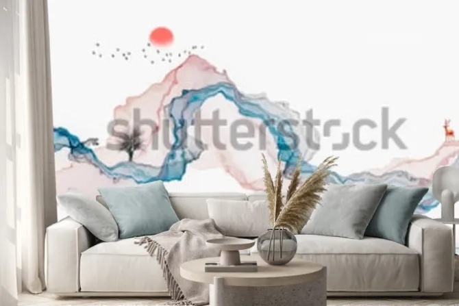 Naklejka: Artystyczny krajobraz malowany tuszem