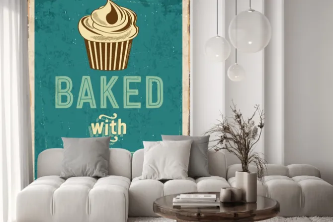 Naklejka: Babeczka z napisem w stylu plakatu reklamowego vintage