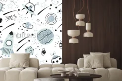 Naklejka: Baby seamless pattern - space, spaceships and planets with stars.