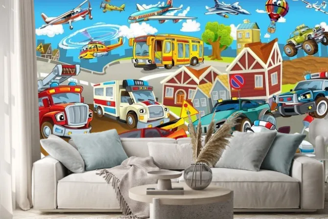 Naklejka: Bajkowe pojazdy w mieście