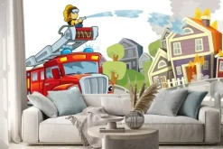 Naklejka: Bajkowy wóz strażacki podczas gaszenia dla dzieci