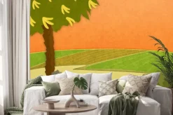 Naklejka: Banan banany drzewo na łące o zachodzie słońca. cartoon stylowe