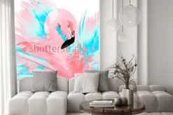 Naklejka: Beautiful vector illustration with drawn pink flamingo and blue