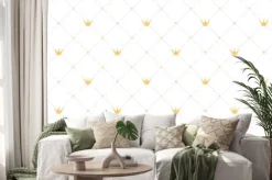 Naklejka: Bez szwu deseń w stylu retro ze złotą koroną i różowy kropki