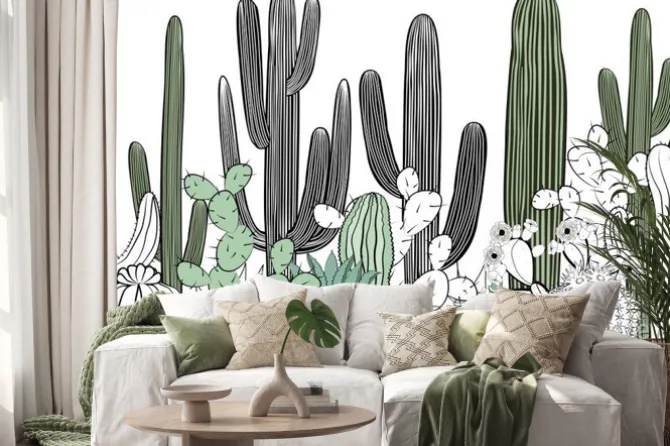 Naklejka: Bez szwu deseń z kaktusem. las dzikich kaktusów