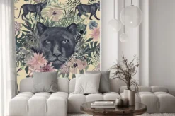 Naklejka: Bezszwowa ręka rysujący akwarela wzór z panterą, kwiaty, piórka,