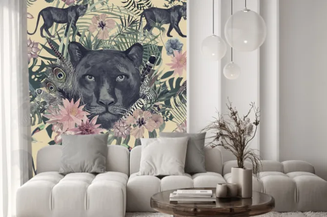 Naklejka: Bezszwowa ręka rysujący akwarela wzór z panterą, kwiaty, piórka,