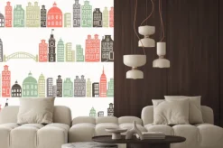 Naklejka: Bezszwowe tło z kolorowymi sylwetce miasta