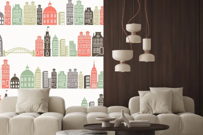 Naklejka: Bezszwowe tło z kolorowymi sylwetce miasta