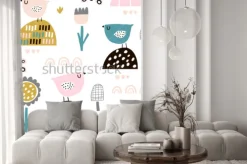 Naklejka: Bezszwowy dziecięcy wzór z czarodziejskimi kwiatami, ptakami,