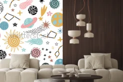 Naklejka: Bezszwowy galaktyka wzór z gwiazdozbiorami i planetami w doodle