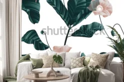 Naklejka: Bezszwowy wzór, brown maczek kwitnie z zielonymi liśćmi na białym