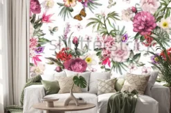 Naklejka: Bezszwowy wzór z kwiatami i egzotycznymi liśćmi na białym tle.