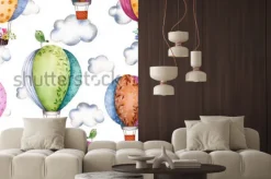 Naklejka: Bezszwowy wzór z lotniczymi balonami i chmurami w pastelowych