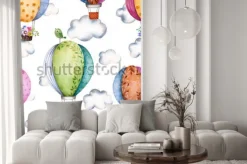 Naklejka: Bezszwowy wzór z lotniczymi balonami i chmurami w pastelowych