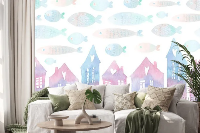 Naklejka: Bezszwowy wzór z ręką malował domy i lata ryba w niebie. kolorowa