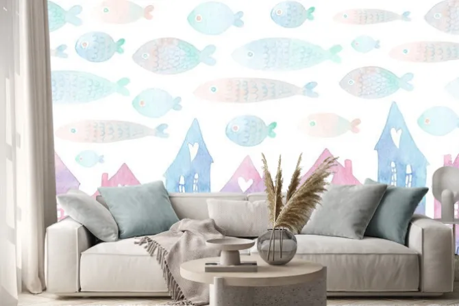 Naklejka: Bezszwowy wzór z ręką malował domy i lata ryba w niebie. kolorowa