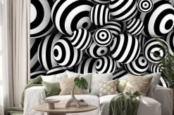 Naklejka: Biały abstrakcjonistyczny tło z piłkami i czarnymi liniami. ilustracja