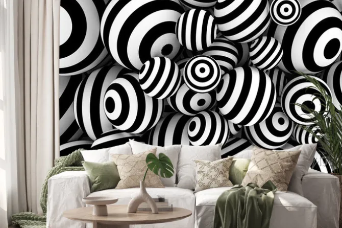 Naklejka: Biały abstrakcjonistyczny tło z piłkami i czarnymi liniami. ilustracja