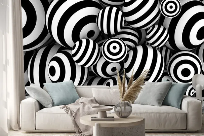 Naklejka: Biały abstrakcjonistyczny tło z piłkami i czarnymi liniami. ilustracja