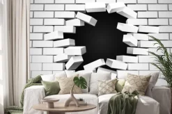 Naklejka: Biały ceglany mur z wybitą dziurą