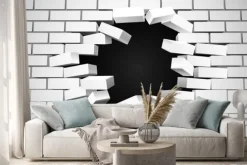 Naklejka: Biały ceglany mur z wybitą dziurą