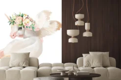 Naklejka: Biały jednorożec z kwiatami na głowie