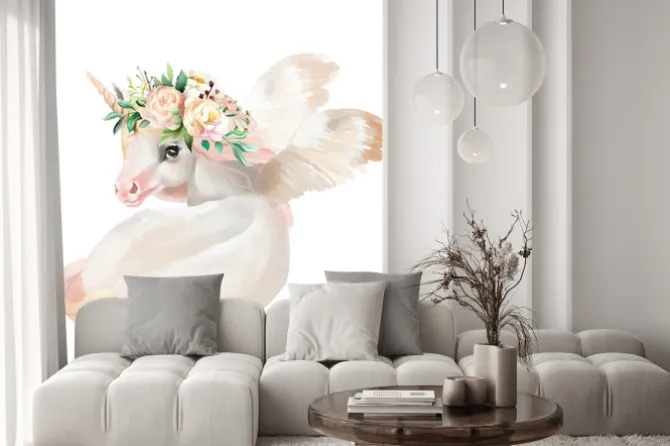 Naklejka: Biały jednorożec z kwiatami na głowie