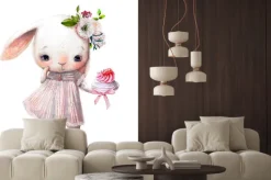 Naklejka: Biały króliczek z babeczką i kwiatami we włosach