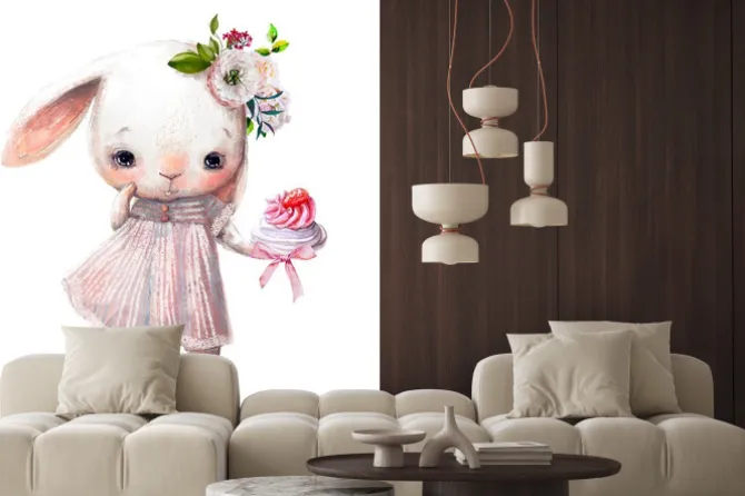 Naklejka: Biały króliczek z babeczką i kwiatami we włosach