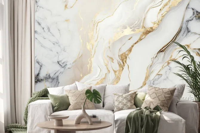 Naklejka: Biały marmur ze złotymi zdobieniami
