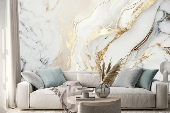 Naklejka: Biały marmur ze złotymi zdobieniami