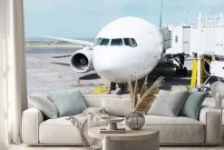 Naklejka: Biały samolot na płycie lotniska w nieba