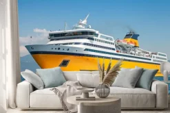 Naklejka: Big yellow passenger ferry goes on the sea