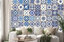 Naklejka: Blue portuguese tiles pattern - azulejos vector, fashion interior